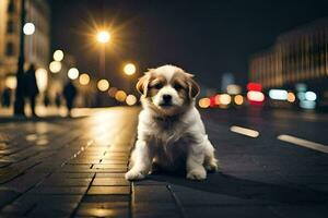 un' cucciolo seduta su il strada a notte. ai-generato foto