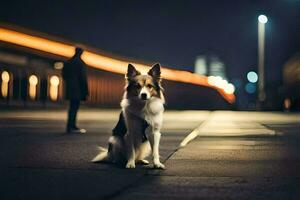 un' cane seduta su il strada a notte. ai-generato foto