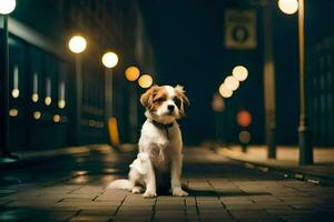 un' cane seduta su il strada a notte. ai-generato foto