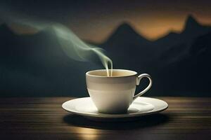 un' tazza di caffè su un' tavolo con montagne nel il sfondo. ai-generato foto