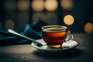 un' tazza di tè su un' di legno tavolo. ai-generato foto