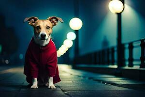 un' cane indossare un' rosso cappotto in piedi su un' strada a notte. ai-generato foto