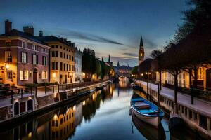 un' canale nel il mezzo di un' città a crepuscolo. ai-generato foto