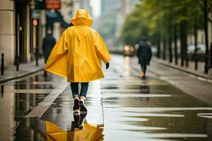 un' persona a piedi nel il pioggia indossare un' giallo impermeabile. ai-generato foto