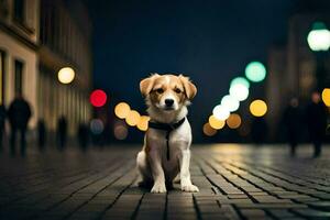 un' cane seduta su un' mattone strada a notte. ai-generato foto