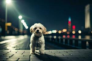 un' piccolo cane in piedi su un' marciapiede a notte. ai-generato foto