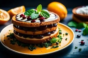 un' pila di torta con arance e menta le foglie. ai-generato foto