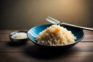 un' ciotola di riso con un' forchetta e cucchiaio su un' di legno tavolo. ai-generato foto