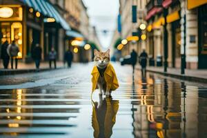 un' gatto nel un' giallo impermeabile a piedi giù un' strada. ai-generato foto