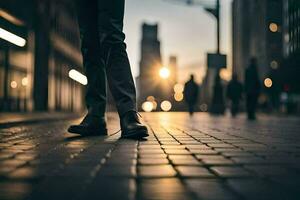 un' persona a piedi su un' mattone strada a tramonto. ai-generato foto