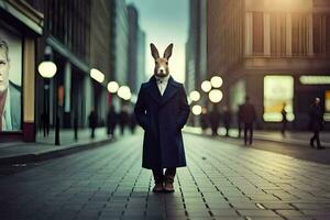 un' coniglio indossare un' cappotto e cravatta in piedi nel il mezzo di un' città strada. ai-generato foto