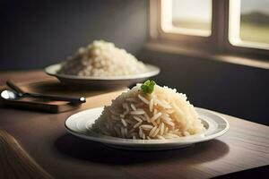 Due piatti di riso sedersi su un' tavolo. ai-generato foto