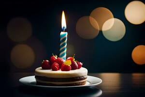 un' compleanno torta con un' illuminato candela su superiore. ai-generato foto