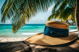 un' cappello su il spiaggia. ai-generato foto