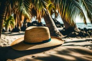 un' cannuccia cappello su il spiaggia con palma alberi. ai-generato foto