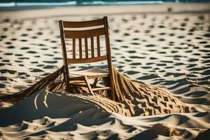 un' sedia su il spiaggia con sabbia e acqua. ai-generato foto