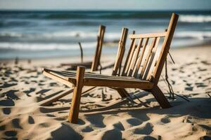 Due di legno sedie su il spiaggia vicino il oceano. ai-generato foto