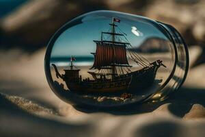 un' nave nel un' bicchiere palla su il spiaggia. ai-generato foto