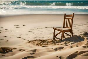 un' sedia si siede su il sabbia vicino il oceano. ai-generato foto