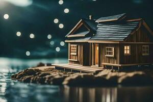 un' miniatura Casa su un' piccolo isola nel il acqua. ai-generato foto