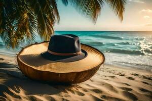 un' cappello su il spiaggia. ai-generato foto