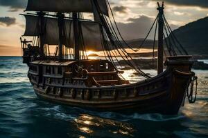 un' di legno nave nel il oceano a tramonto. ai-generato foto
