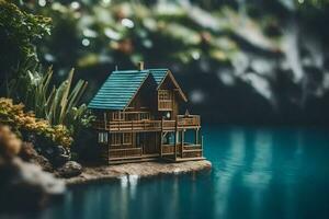 un' miniatura Casa su un' piccolo isola nel il acqua. ai-generato foto