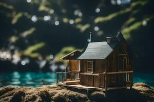 un' miniatura di legno Casa su il riva di un' lago. ai-generato foto