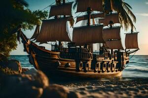 un' pirata nave su il spiaggia a tramonto. ai-generato foto