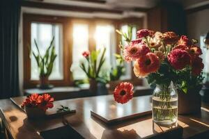 fiori nel un' vaso su un' tavolo nel davanti di un' finestra. ai-generato foto