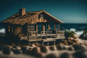 un' miniatura di legno Casa su il spiaggia. ai-generato foto