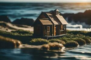 un' miniatura Casa si siede su il riva di il oceano. ai-generato foto