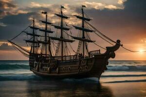 un' pirata nave è andare in barca su il oceano a tramonto. ai-generato foto