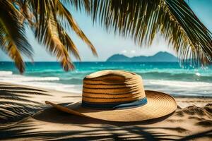 un' cappello su il spiaggia. ai-generato foto