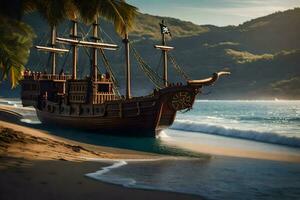 un' pirata nave su il spiaggia vicino il oceano. ai-generato foto