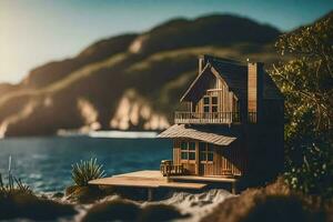 un' miniatura Casa su il spiaggia di il oceano. ai-generato foto