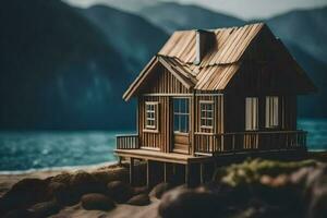 un' miniatura di legno Casa su il spiaggia. ai-generato foto