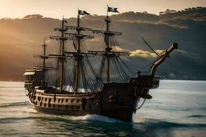 un' pirata nave è andare in barca nel il oceano. ai-generato foto