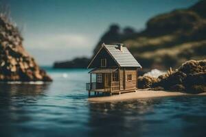 un' minuscolo Casa su il spiaggia. ai-generato foto