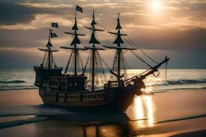 un' pirata nave su il spiaggia a tramonto. ai-generato foto