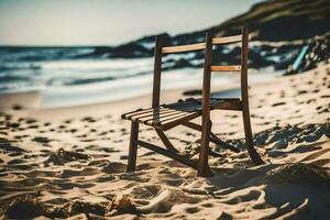 un' di legno sedia si siede su il spiaggia vicino il oceano. ai-generato foto