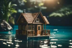 un' miniatura Casa galleggiante su il acqua. ai-generato foto