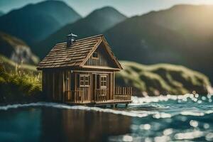 un' piccolo di legno Casa su il acqua nel davanti di montagne. ai-generato foto