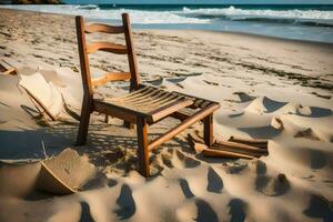 un' sedia si siede su il sabbia nel davanti di il oceano. ai-generato foto
