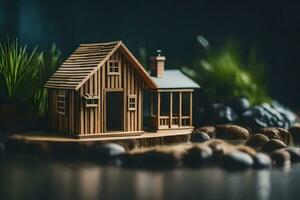 un' miniatura di legno Casa su un' piccolo isola. ai-generato foto