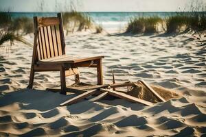 un' sedia su il spiaggia con un' rotto sedia. ai-generato foto