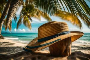 un' cannuccia cappello su un' di legno inviare su il spiaggia. ai-generato foto