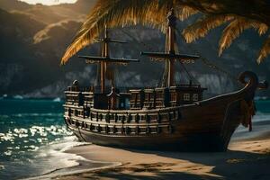 un' pirata nave su il spiaggia vicino il oceano. ai-generato foto