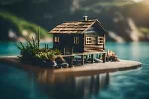 un' miniatura Casa su un isola nel il mezzo di il acqua. ai-generato foto