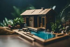 un' miniatura Casa con un' piscina e impianti. ai-generato foto